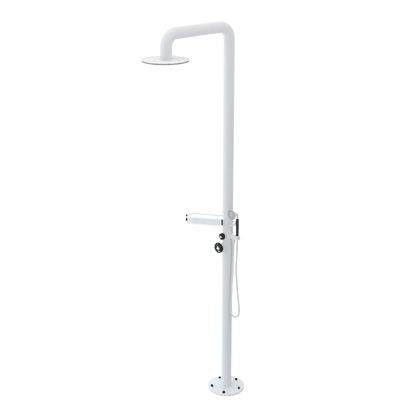 Rubinet Pressure Balance Outdoor Shower with Hand Held Shower & 10" Shower Head (with shelf) - 304 Stainless Steel Matt White