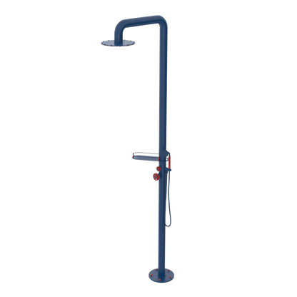 Rubinet Pressure Balance Outdoor Shower with Hand Held Shower & 10" Shower Head (with shelf) - 304 Stainless Steel Midnight Blue