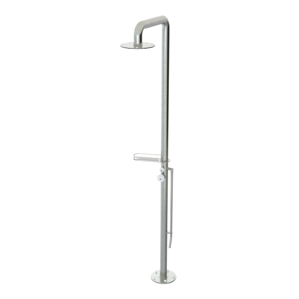 Rubinet Pressure Balance Outdoor Shower with Foot Rinse & 10" Shower Head (with shelf) - 304 Stainless Steel Satin Nickel