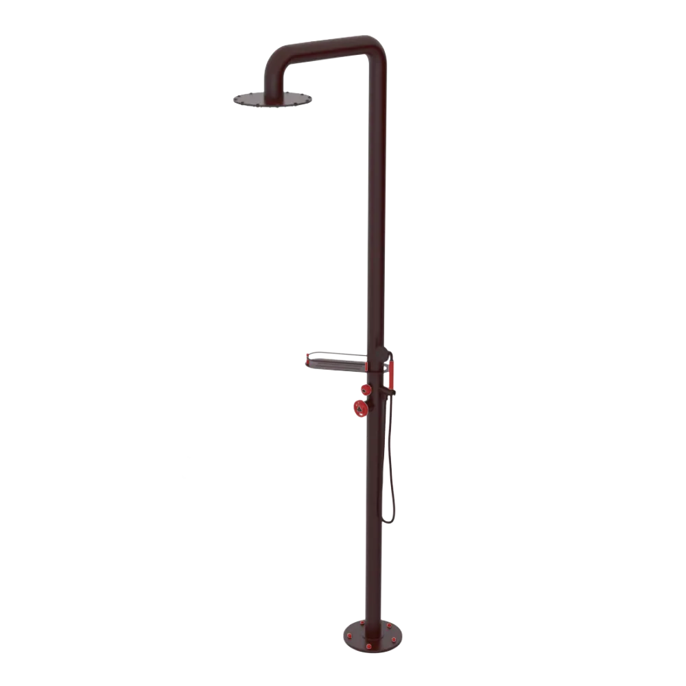 Rubinet Pressure Balance Outdoor Shower with Hand Held Shower & 10" Shower Head (with shelf) - 304 Stainless Steel Bordeaux