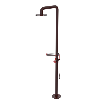 Rubinet Pressure Balance Outdoor Shower with Hand Held Shower & 10" Shower Head (with shelf) - 304 Stainless Steel Bordeaux