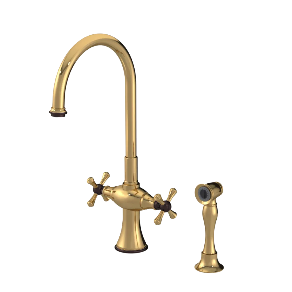 Rubinet Two Handle Single Hole Kitchen Set with Hand Spray Gold