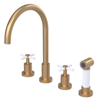 Rubinet Widespread Kitchen Set with LaSalle Spout with Hand Spray Satin Gold
