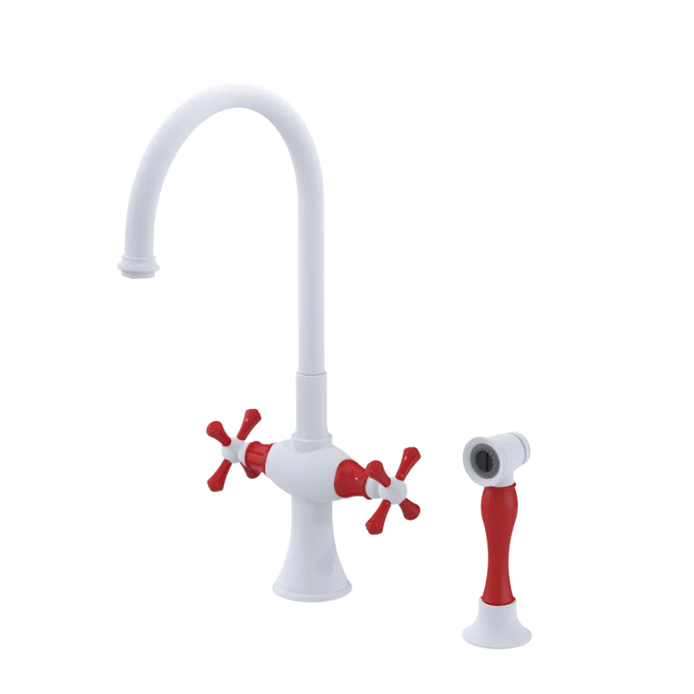 Rubinet Two Handle Single Hole Kitchen Set with Hand Spray Matt White