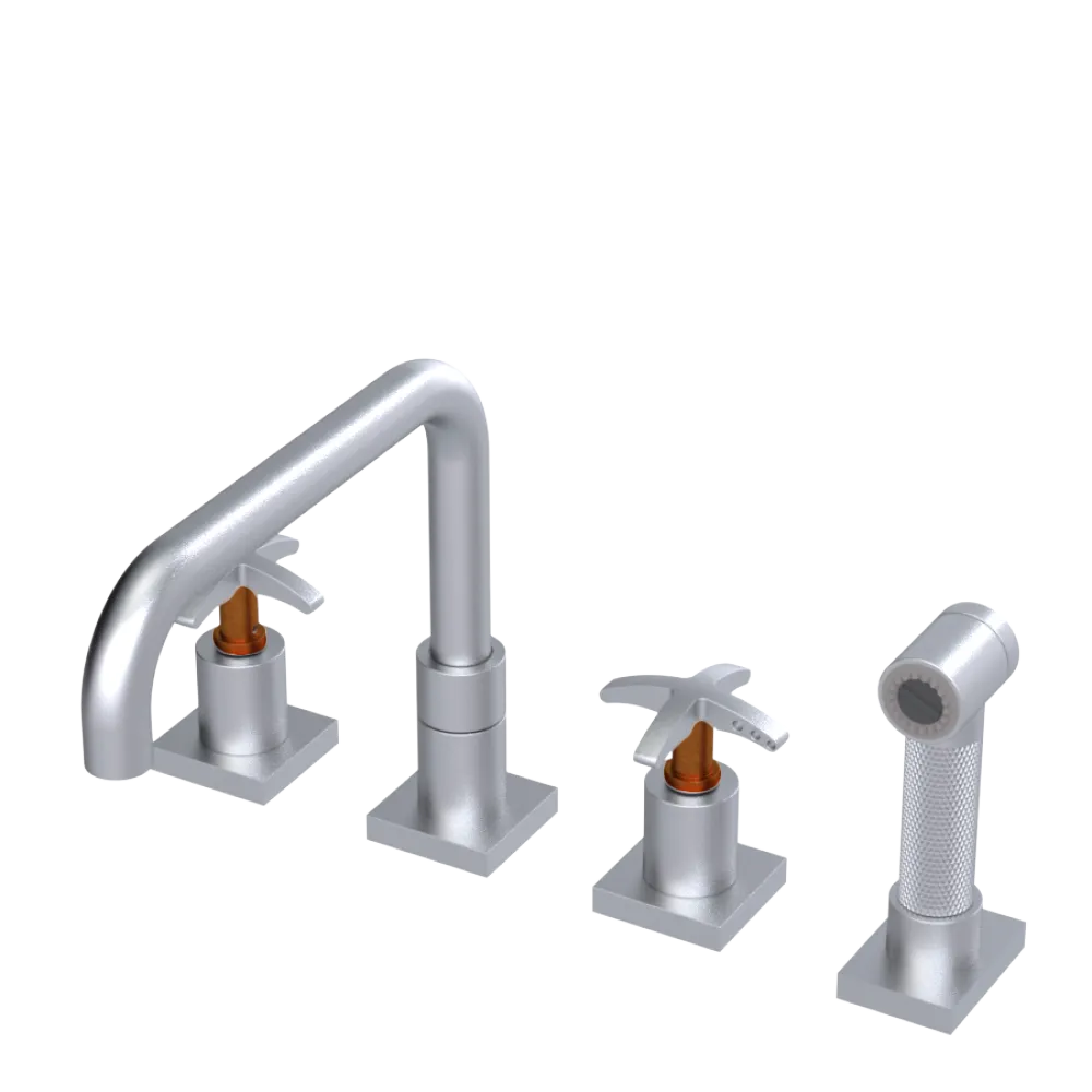 Rubinet Widespread Kitchen Set with Genesis Spout with Hand Spray Satin Chrome
