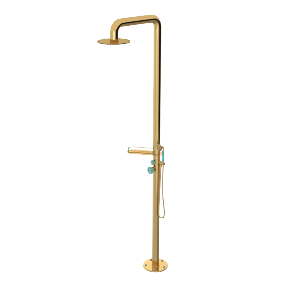 Rubinet Pressure Balance Outdoor Shower with Hand Held Shower & 10" Shower Head (with shelf) - 304 Stainless Steel Gold