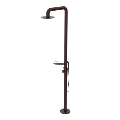 Rubinet Pressure Balance Outdoor Shower with Hand Held Shower & 10" Shower Head (with shelf) - 304 Stainless Steel Bordeaux