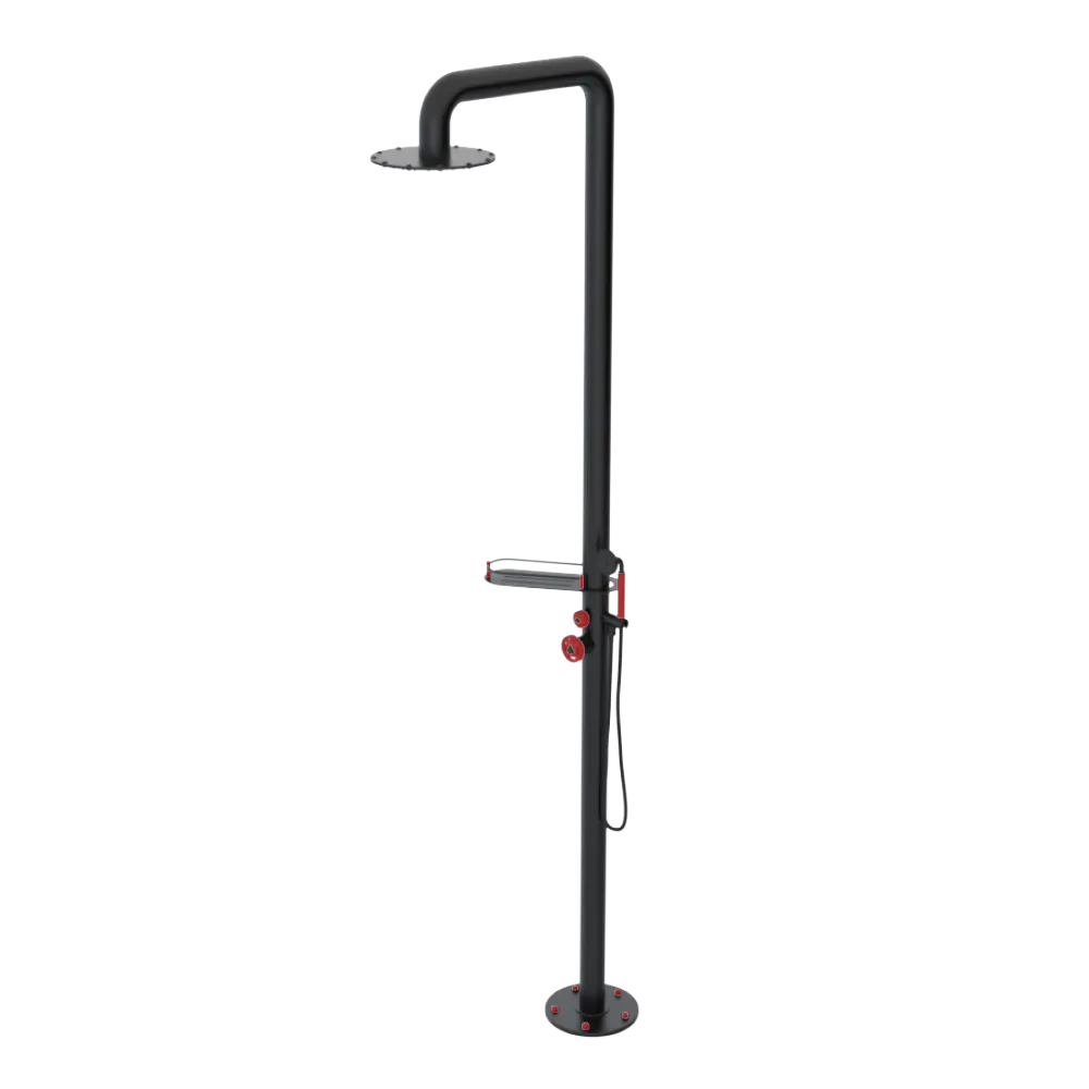 Rubinet Pressure Balance Outdoor Shower with Hand Held Shower & 10" Shower Head (with shelf) - 304 Stainless Steel Matt Black