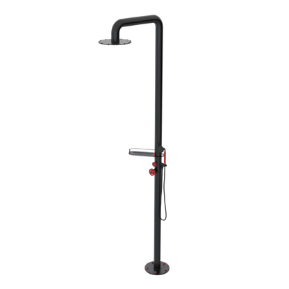 Rubinet Pressure Balance Outdoor Shower with Hand Held Shower & 10" Shower Head (with shelf) - 304 Stainless Steel Matt Black