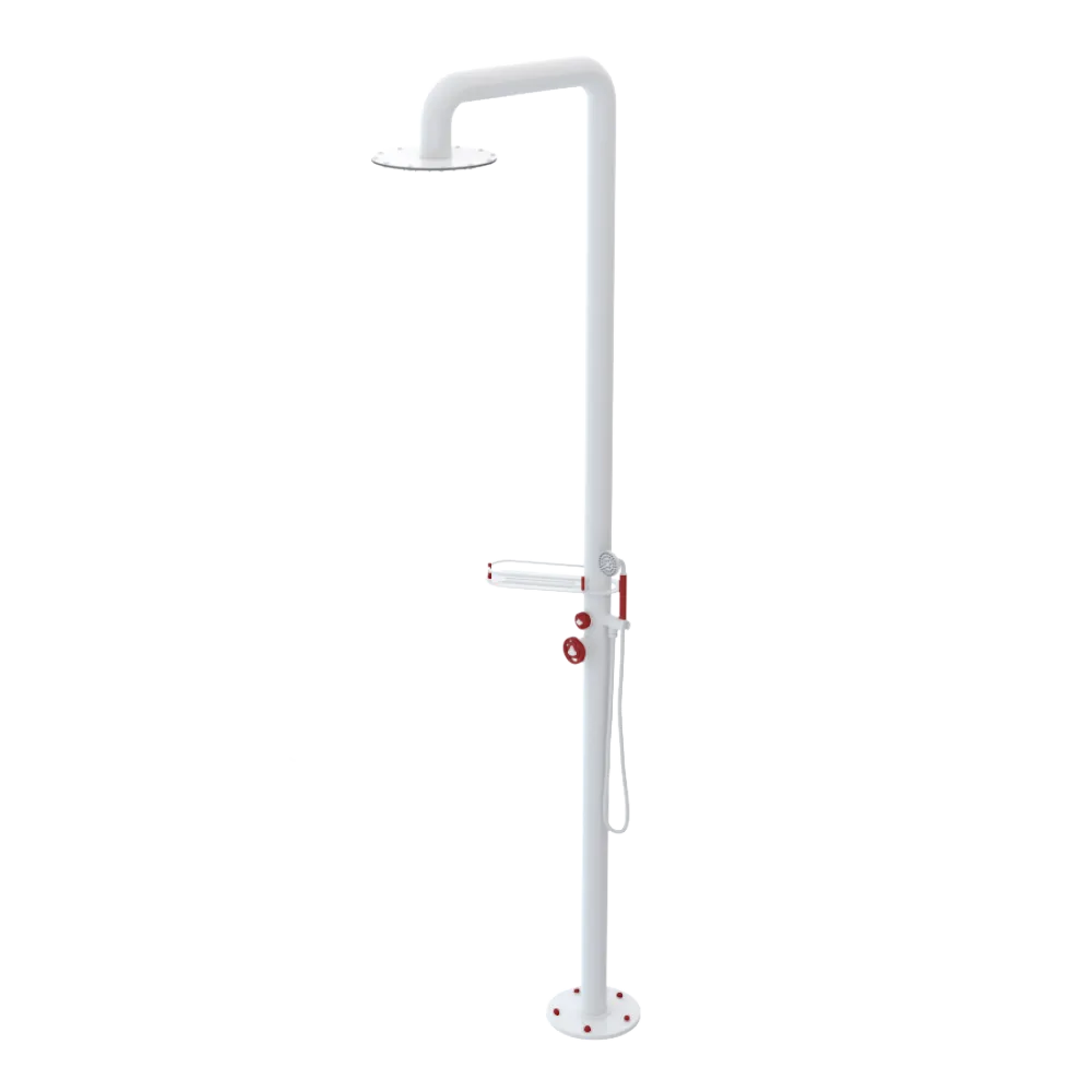 Rubinet Pressure Balance Outdoor Shower with Hand Held Shower & 10" Shower Head (with shelf) - 304 Stainless Steel White