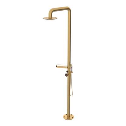 Rubinet Pressure Balance Outdoor Shower with Hand Held Shower & 10" Shower Head (with shelf) - 304 Stainless Steel Satin Gold