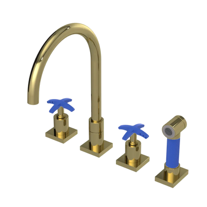 Rubinet Widespread Kitchen Set with Hand Spray Natural Brass