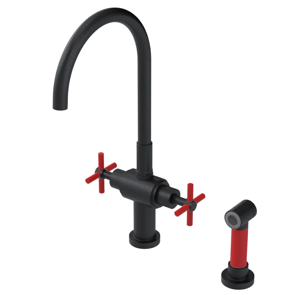 Rubinet Two Handle Single Hole Kitchen Set with LaSalle Spout with Hand Spray Matt Black