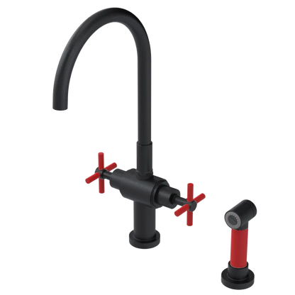 Rubinet Two Handle Single Hole Kitchen Set with LaSalle Spout with Hand Spray Matt Black