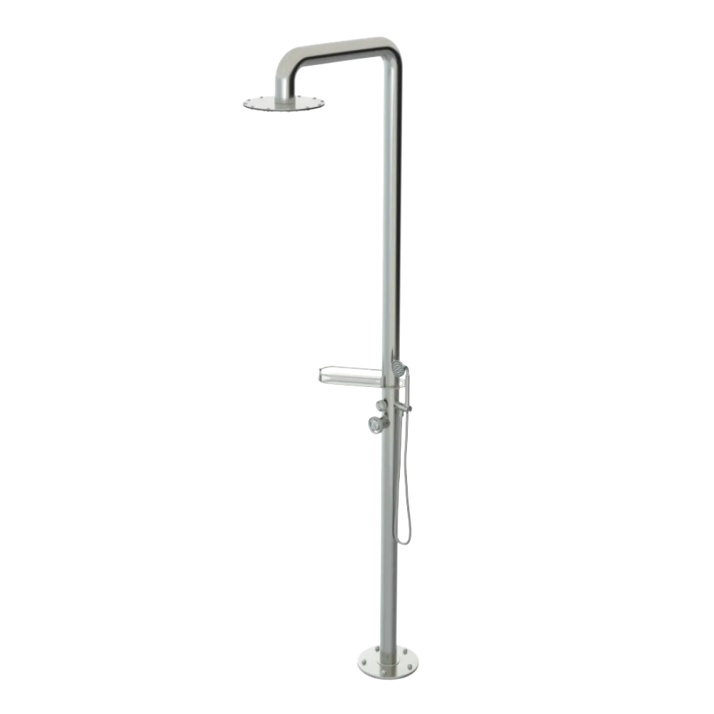 Rubinet Pressure Balance Outdoor Shower with Hand Held Shower & 10" Shower Head (with shelf) - 304 Stainless Steel Satin Nickel