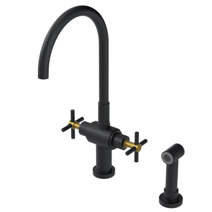 Rubinet Two Handle Single Hole Kitchen Set with LaSalle Spout with Hand Spray Matt Black