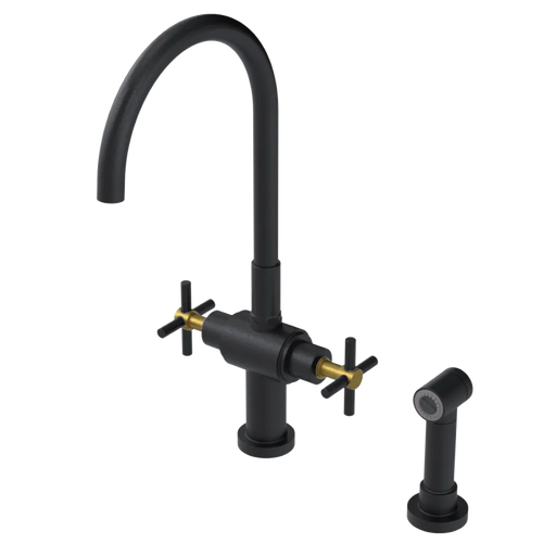 Rubinet Two Handle Single Hole Kitchen Set with LaSalle Spout with Hand Spray Matt Black