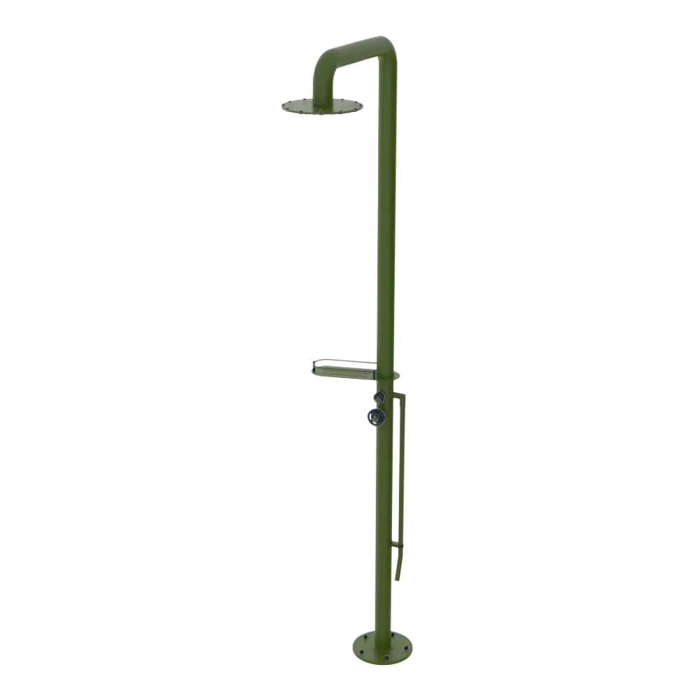 Rubinet Pressure Balance Outdoor Shower with Foot Rinse & 10" Shower Head (with shelf) - 304 Stainless Steel Green Envy