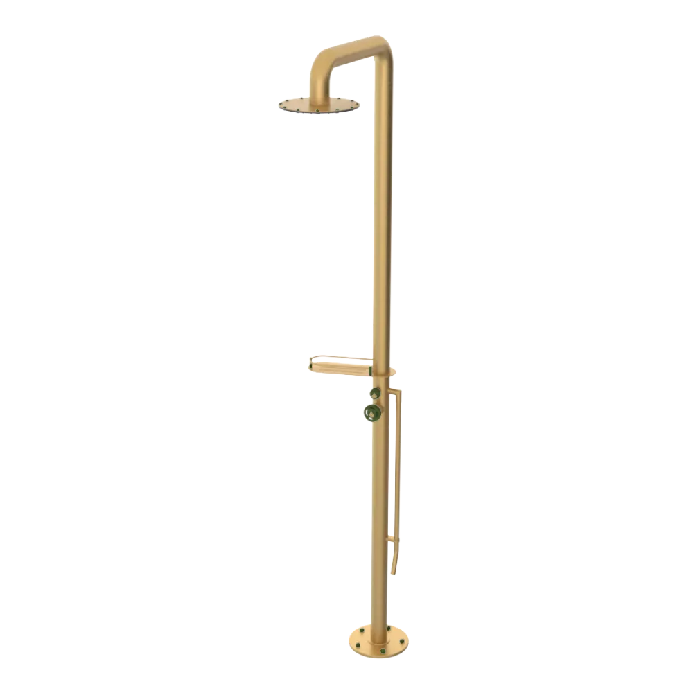 Rubinet Pressure Balance Outdoor Shower with Foot Rinse & 10" Shower Head (with shelf) - 304 Stainless Steel Satin Gold