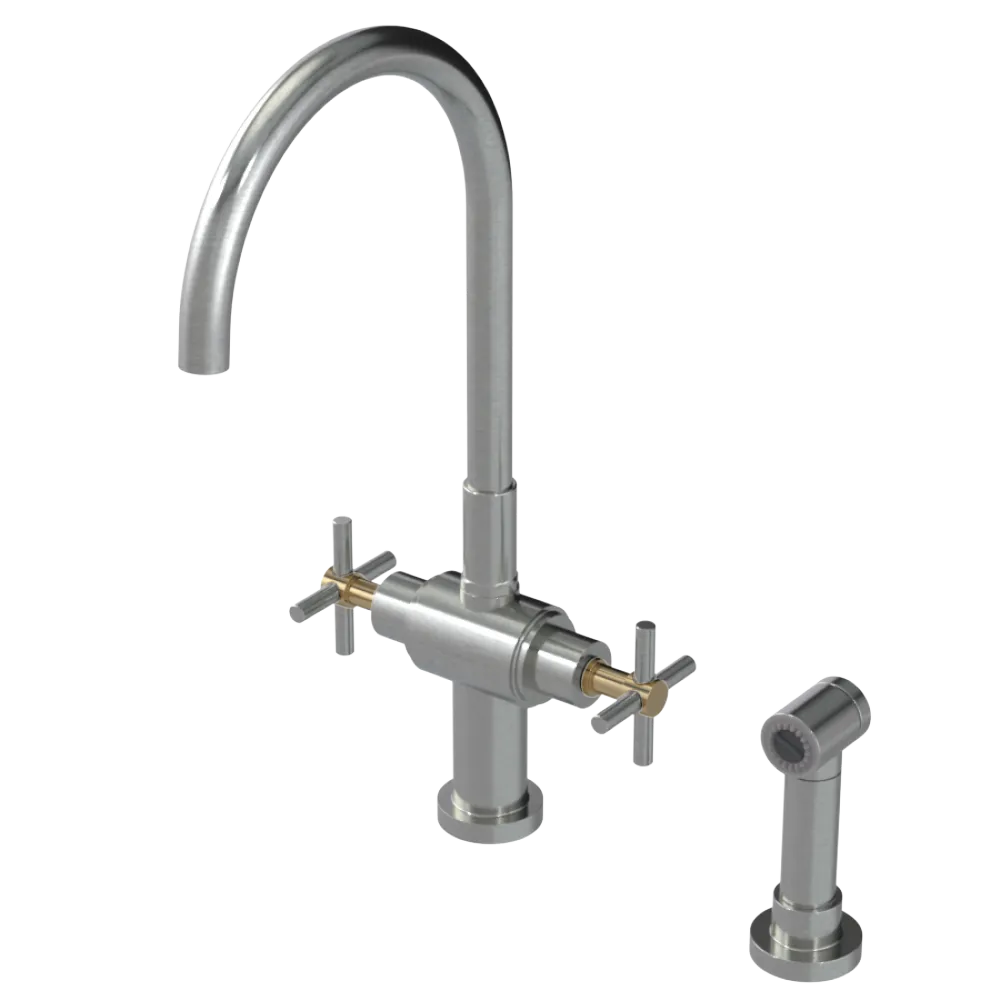 Rubinet Two Handle Single Hole Kitchen Set with LaSalle Spout with Hand Spray Satin Nickel