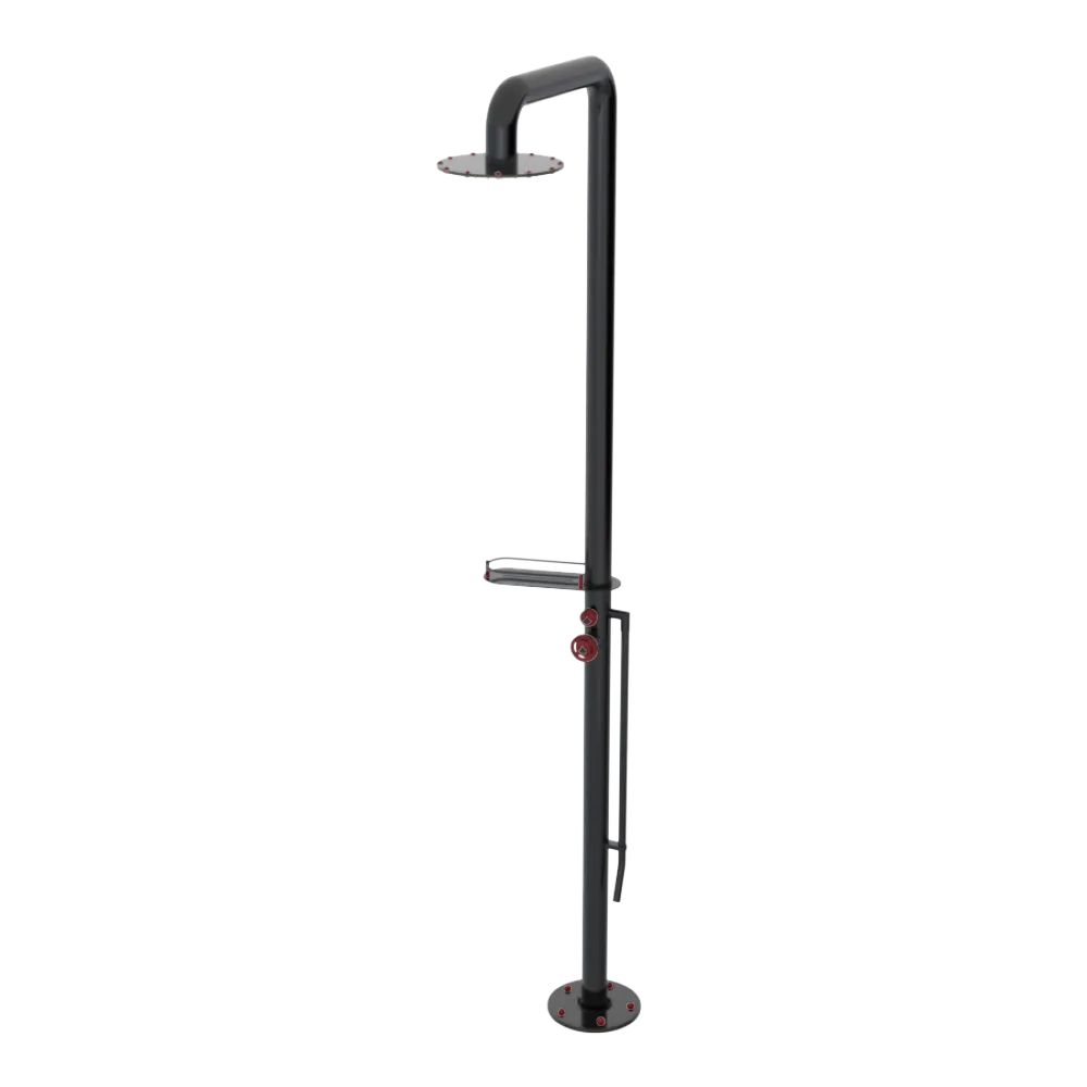 Rubinet Pressure Balance Outdoor Shower with Foot Rinse & 10" Shower Head (with shelf) - 304 Stainless Steel Black