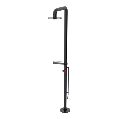 Rubinet Pressure Balance Outdoor Shower with Foot Rinse & 10" Shower Head (with shelf) - 304 Stainless Steel Black