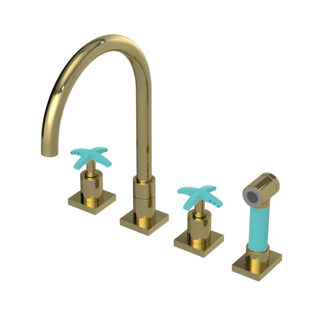 Rubinet Widespread Kitchen Set with Hand Spray Natural Brass