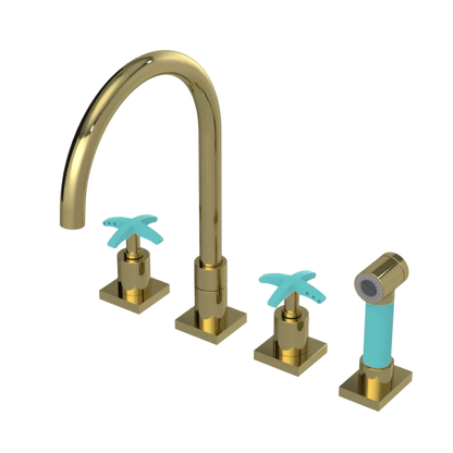 Rubinet Widespread Kitchen Set with Hand Spray Natural Brass