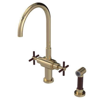 Rubinet Two Handle Single Hole Kitchen Set with LaSalle Spout with Hand Spray Gold