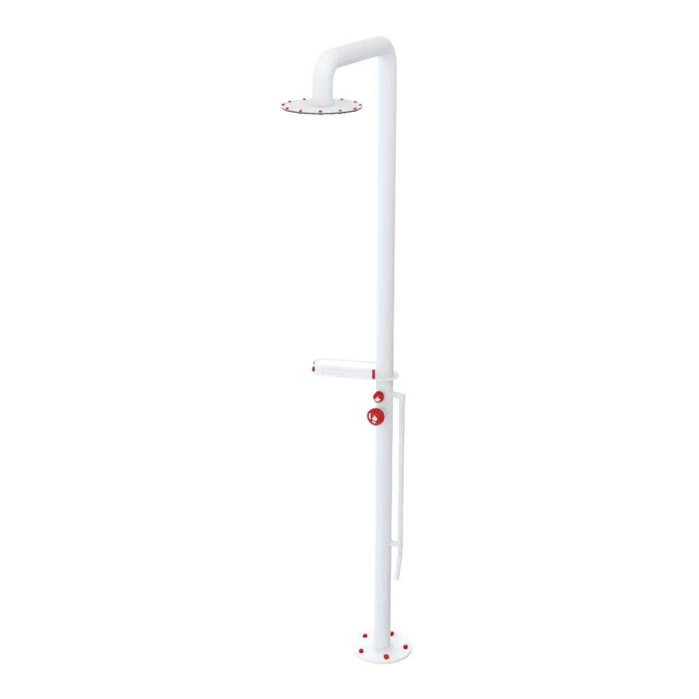 Rubinet Pressure Balance Outdoor Shower with Foot Rinse & 10" Shower Head (with shelf) - 304 Stainless Steel Matt White