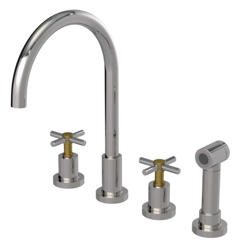 Rubinet Widespread Kitchen Set with LaSalle Spout with Hand Spray Polished Nickel