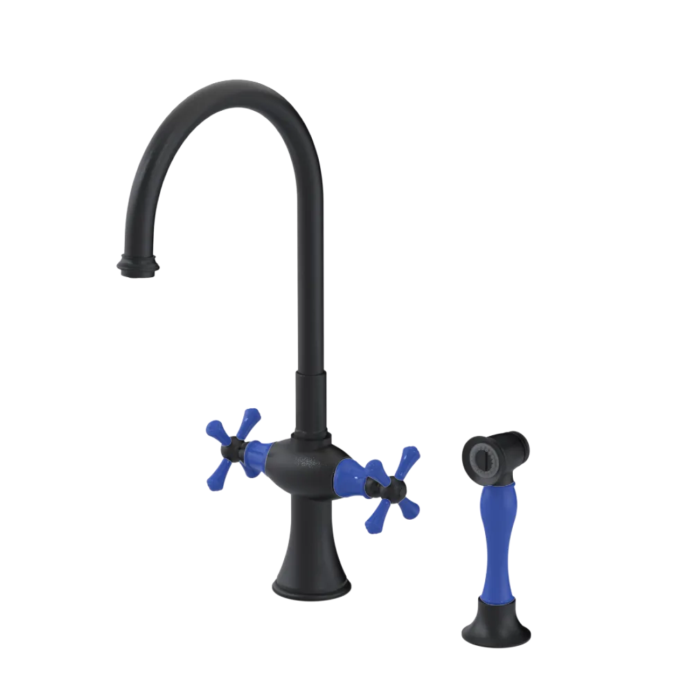 Rubinet Two Handle Single Hole Kitchen Set with Hand Spray Matt Black