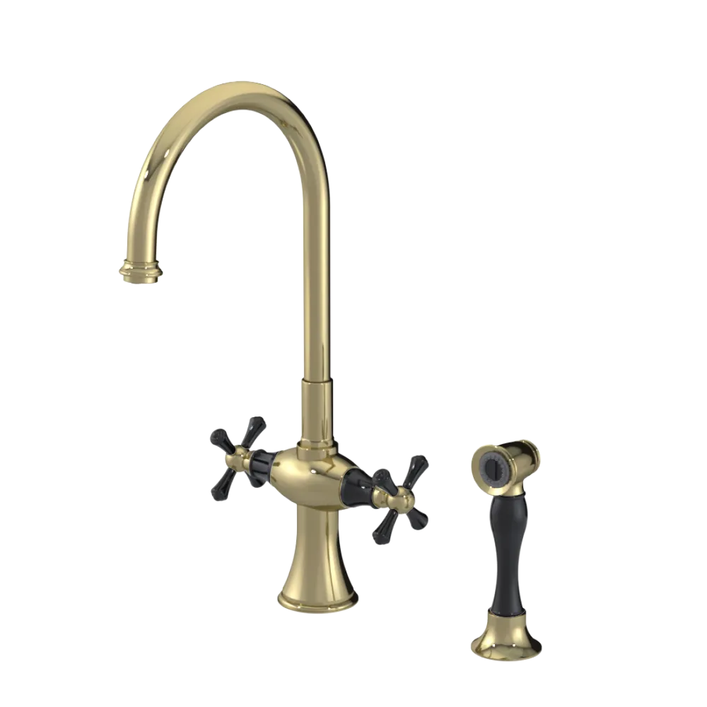 Rubinet Two Handle Single Hole Kitchen Set with Hand Spray Natural Brass