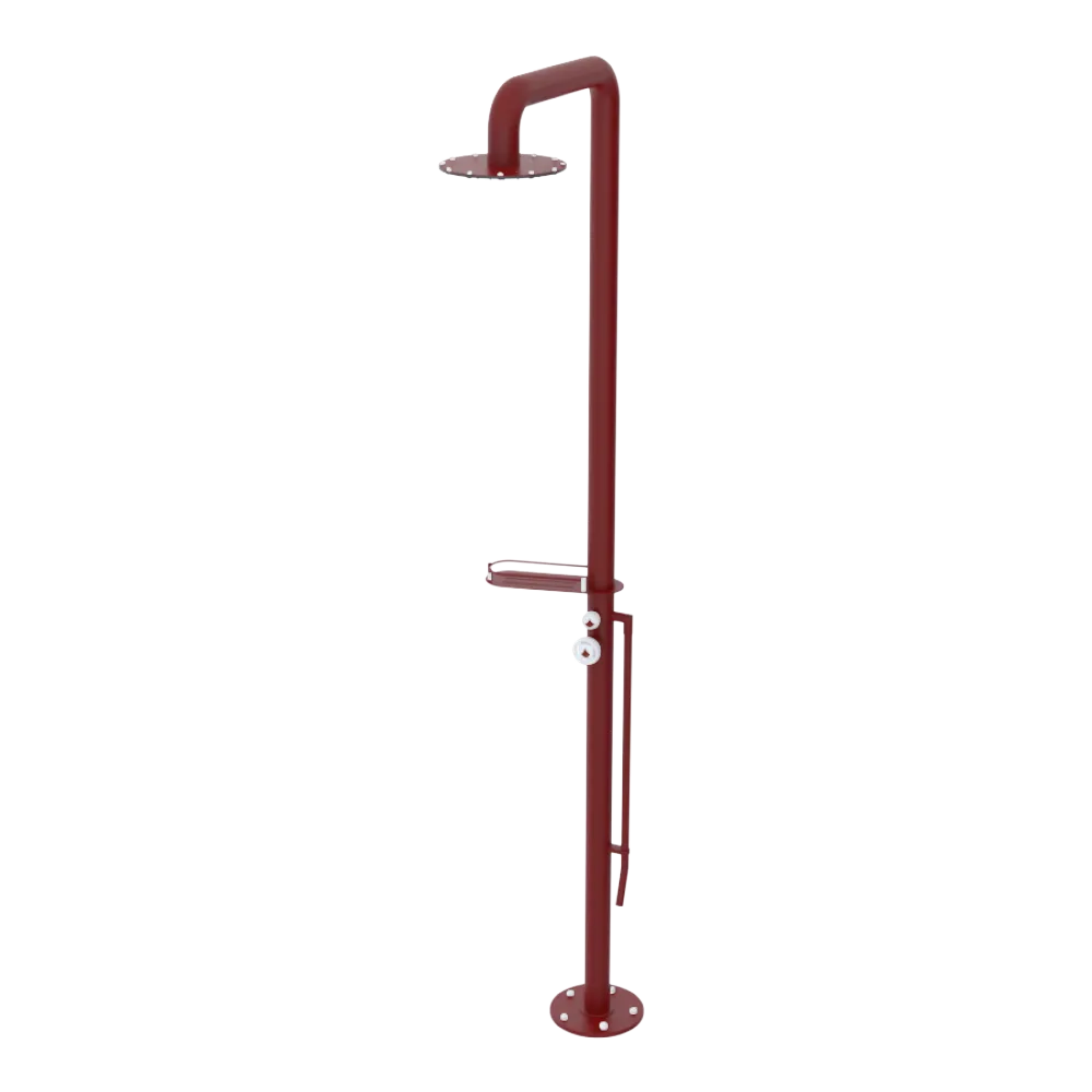 Rubinet Pressure Balance Outdoor Shower with Foot Rinse & 10" Shower Head (with shelf) - 304 Stainless Steel Maroon
