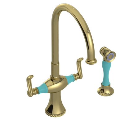 Rubinet Two Handle Single Hole Kitchen Set with Hand Spray Natural Brass