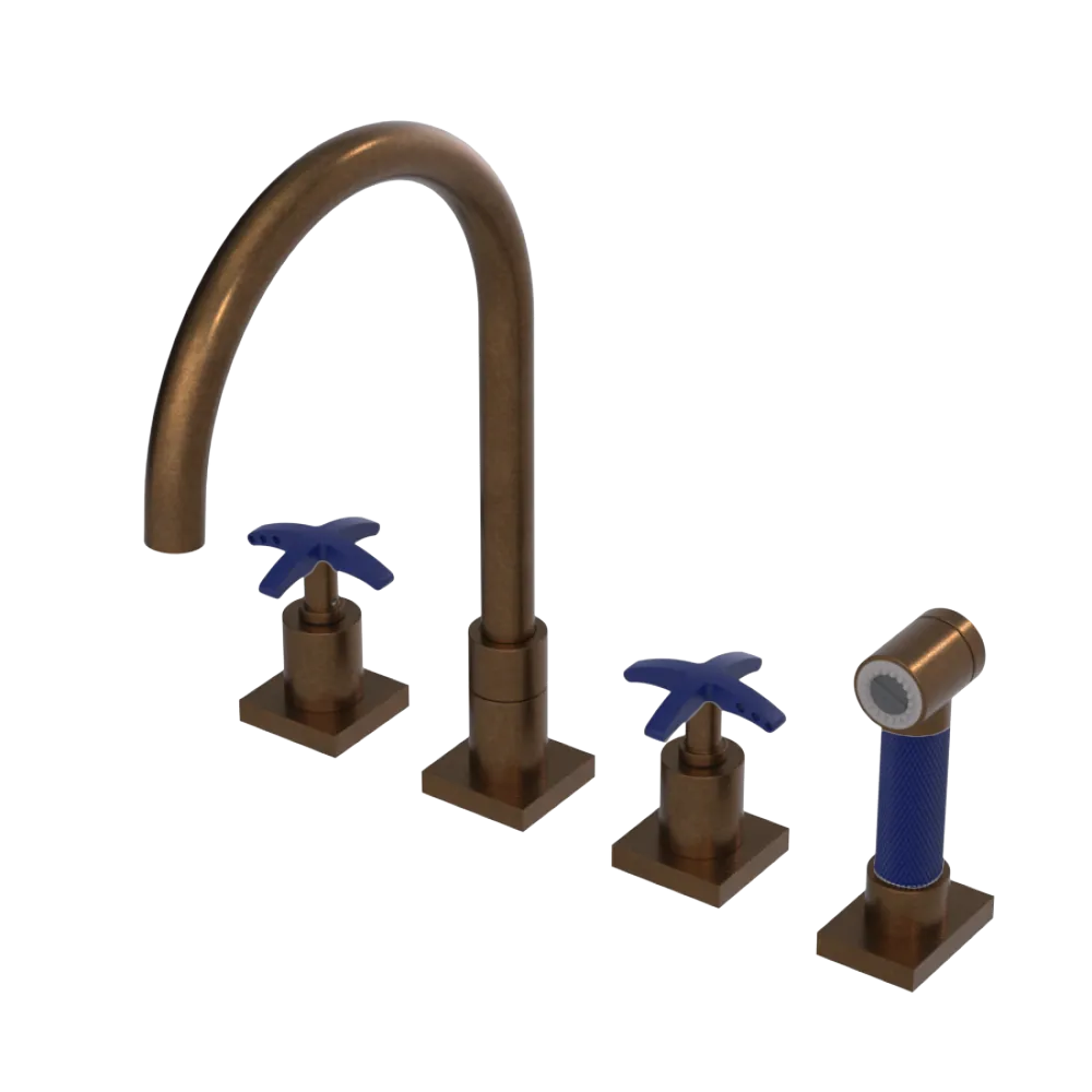 Rubinet Widespread Kitchen Set with Hand Spray Tuscan Brass