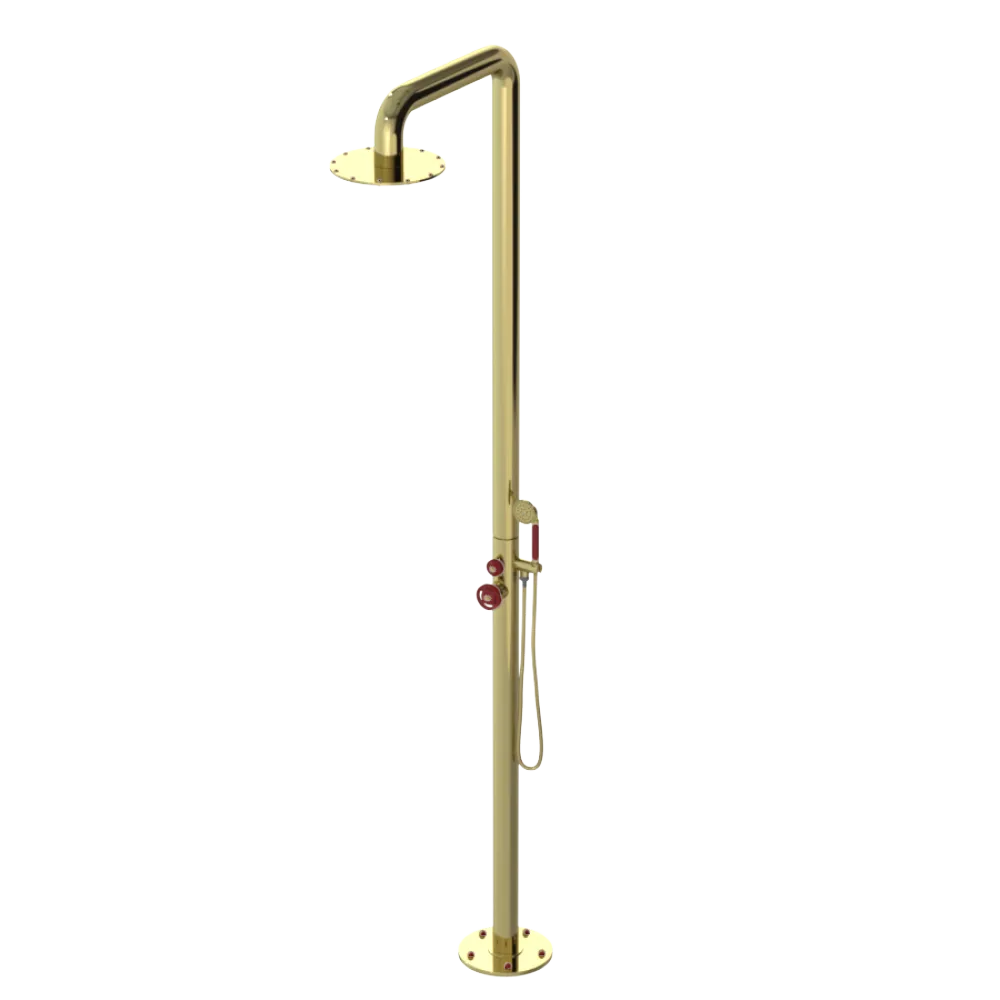 Rubinet Pressure Balance Outdoor Shower with Hand Held Shower & 10" Shower Head - 304 Stainless Steel Bright Brass