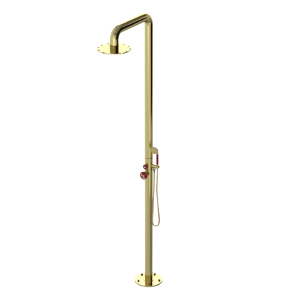 Rubinet Pressure Balance Outdoor Shower with Hand Held Shower & 10" Shower Head - 304 Stainless Steel Bright Brass