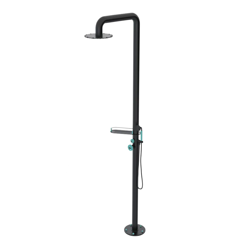 Rubinet Pressure Balance Outdoor Shower with Hand Held Shower & 10" Shower Head (with shelf) - 304 Stainless Steel Matt Black