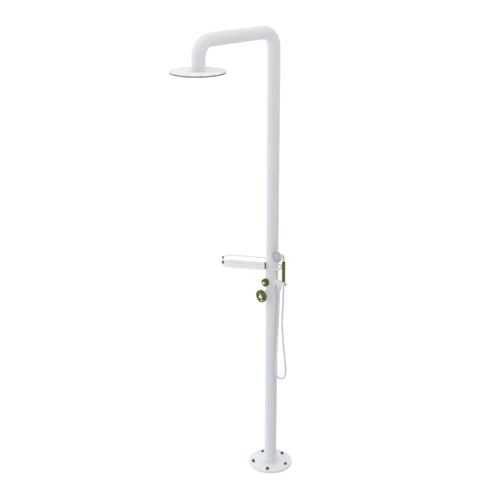 Rubinet Pressure Balance Outdoor Shower with Hand Held Shower & 10" Shower Head (with shelf) - 304 Stainless Steel Matt White