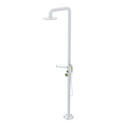 Rubinet Pressure Balance Outdoor Shower with Hand Held Shower & 10" Shower Head (with shelf) - 304 Stainless Steel Matt White