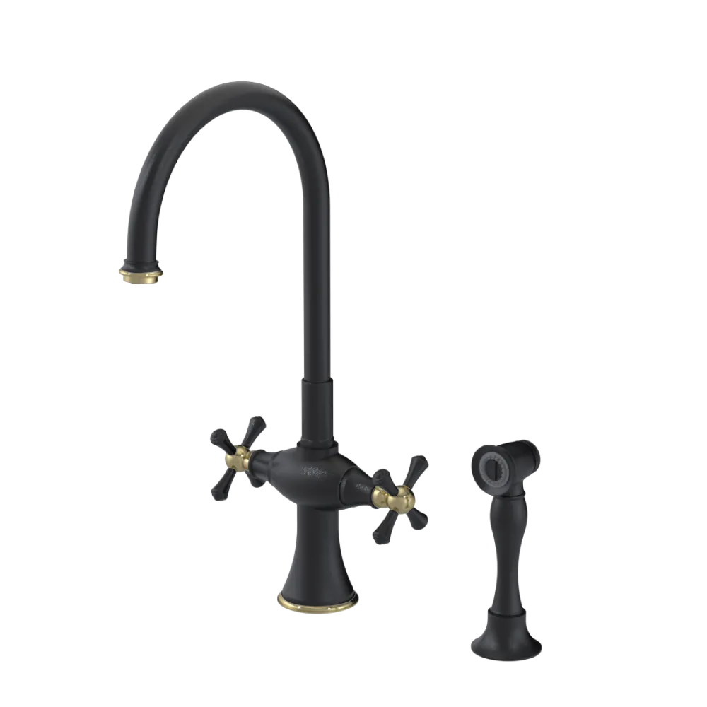 Rubinet Two Handle Single Hole Kitchen Set with Hand Spray Matt Black