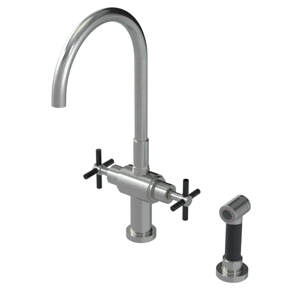 Rubinet Two Handle Single Hole Kitchen Set with LaSalle Spout with Hand Spray Satin Nickel