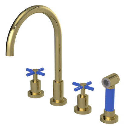 Rubinet Widespread Kitchen Set with LaSalle Spout with Hand Spray Natural Brass