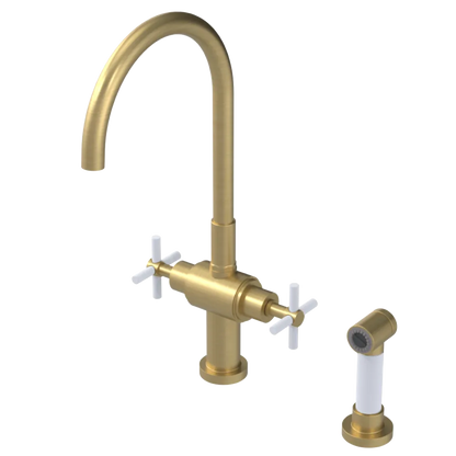 Rubinet Two Handle Single Hole Kitchen Set with LaSalle Spout with Hand Spray Satin Brass