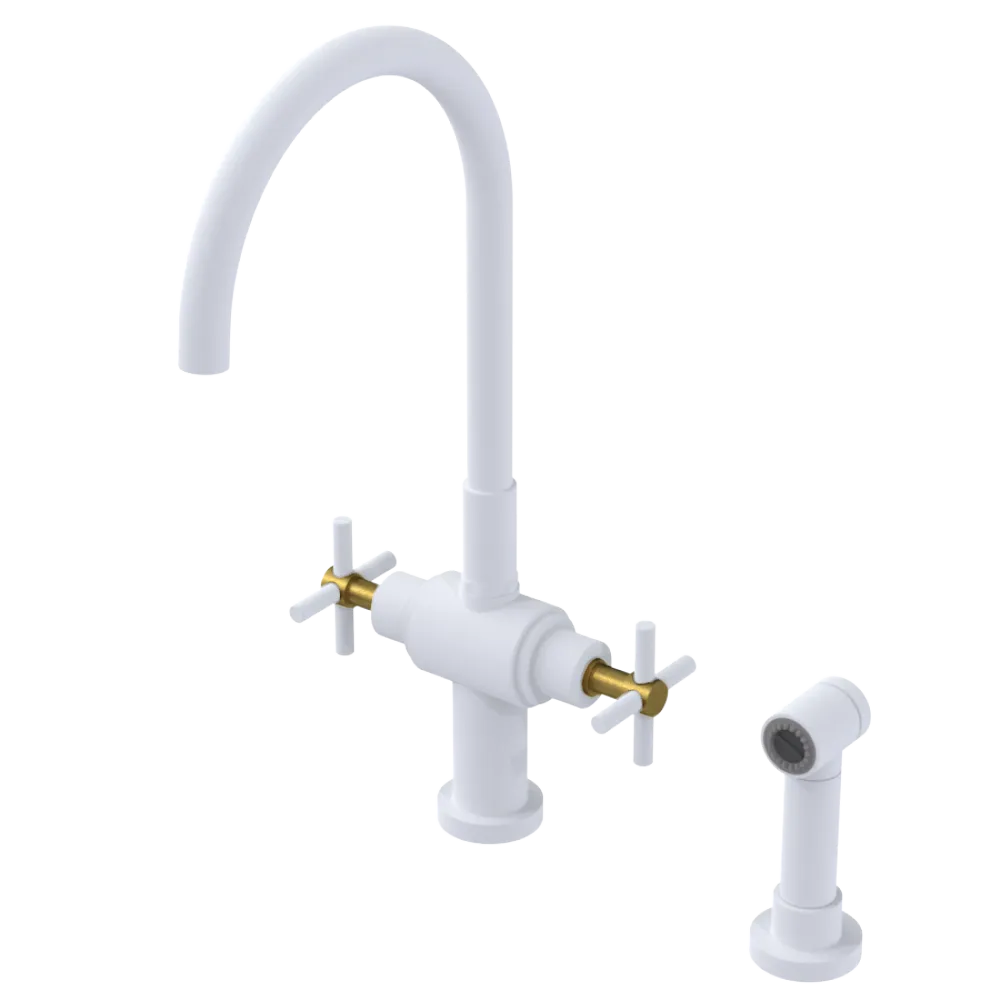 Rubinet Two Handle Single Hole Kitchen Set with LaSalle Spout with Hand Spray Matt White