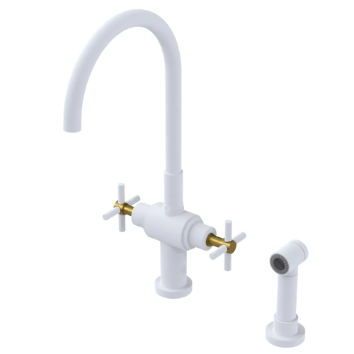 Rubinet Two Handle Single Hole Kitchen Set with LaSalle Spout with Hand Spray Matt White
