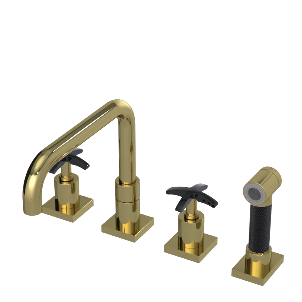 Rubinet Widespread Kitchen Set with Genesis Spout with Hand Spray Natural Brass