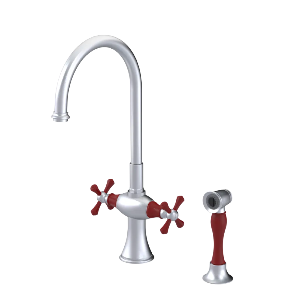 Rubinet Two Handle Single Hole Kitchen Set with Hand Spray Satin Chrome