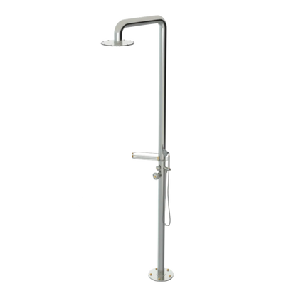 Rubinet Pressure Balance Outdoor Shower with Hand Held Shower & 10" Shower Head (with shelf) - 304 Stainless Steel Satin Nickel